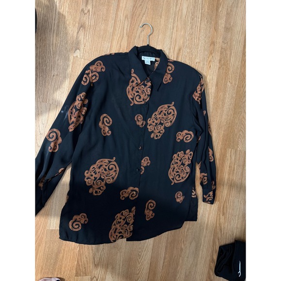 Les Camilles New York Tops - Les Camilles New York Black Copper Abstract Swirl Print Button Down Blouse M